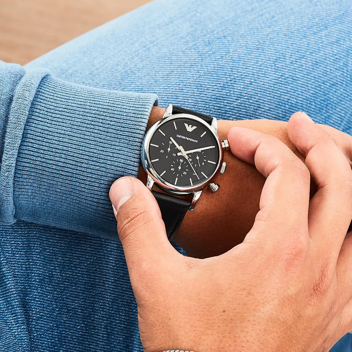 Emporio Armani Classic Chronograph Black Genuine Leather Watch - AR1733