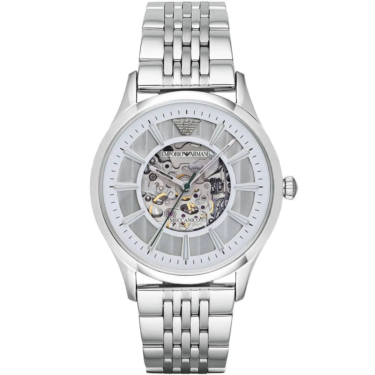 Emporio Armani Meccanico Skeleton Silver Dial Silver Steel Watch AR1945