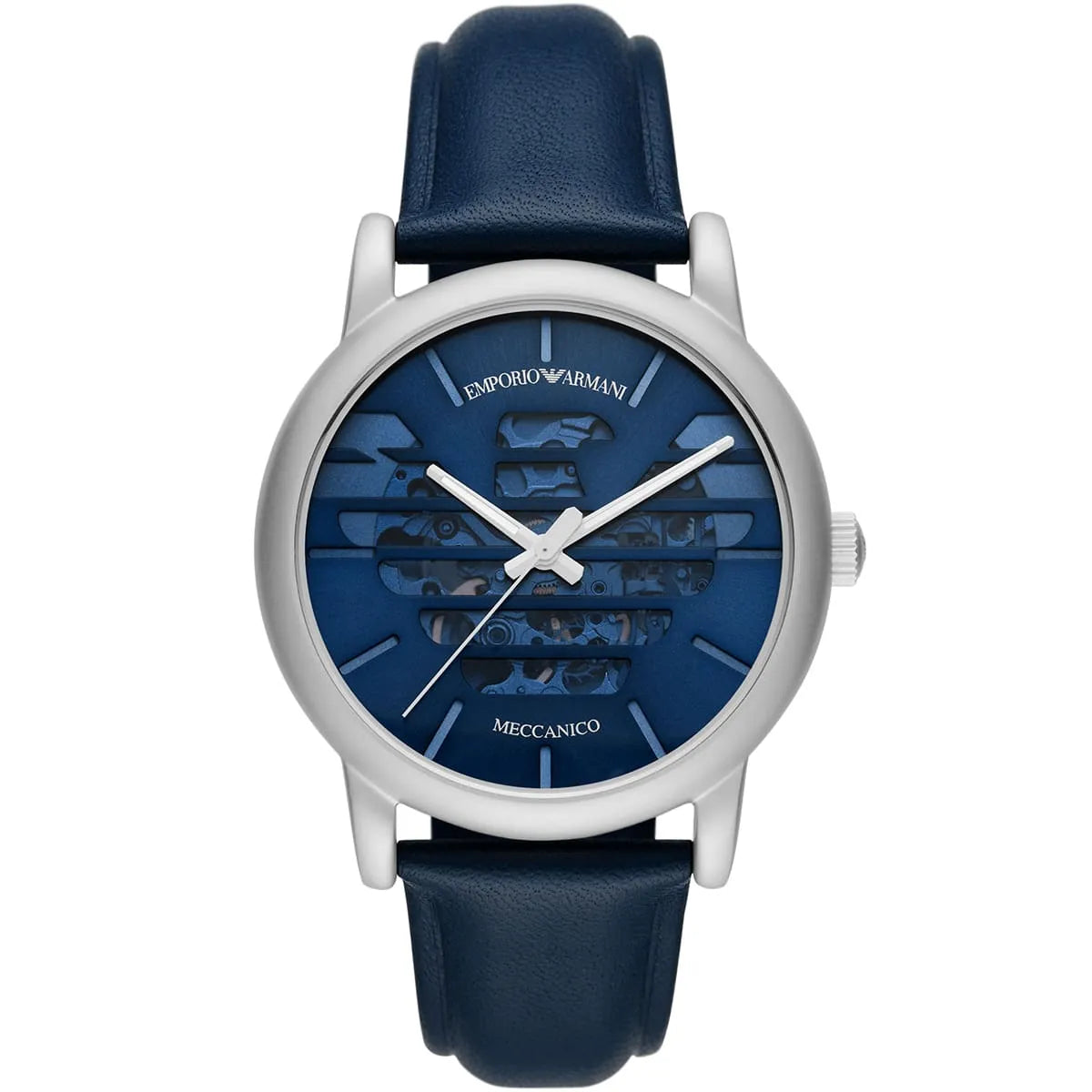 Emporio Armani Luigi Automatic Blue Sunray Skeleton Dial Blue Genuine Leather Watch - AR60030