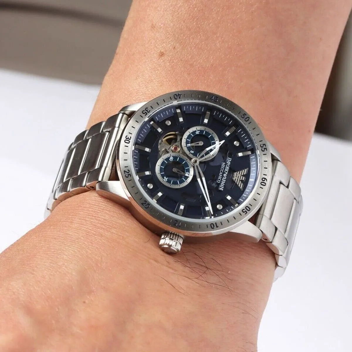 Emporio Armani Meccanico Automatic Blue Dial Silver Steel Strap Watch AR60052