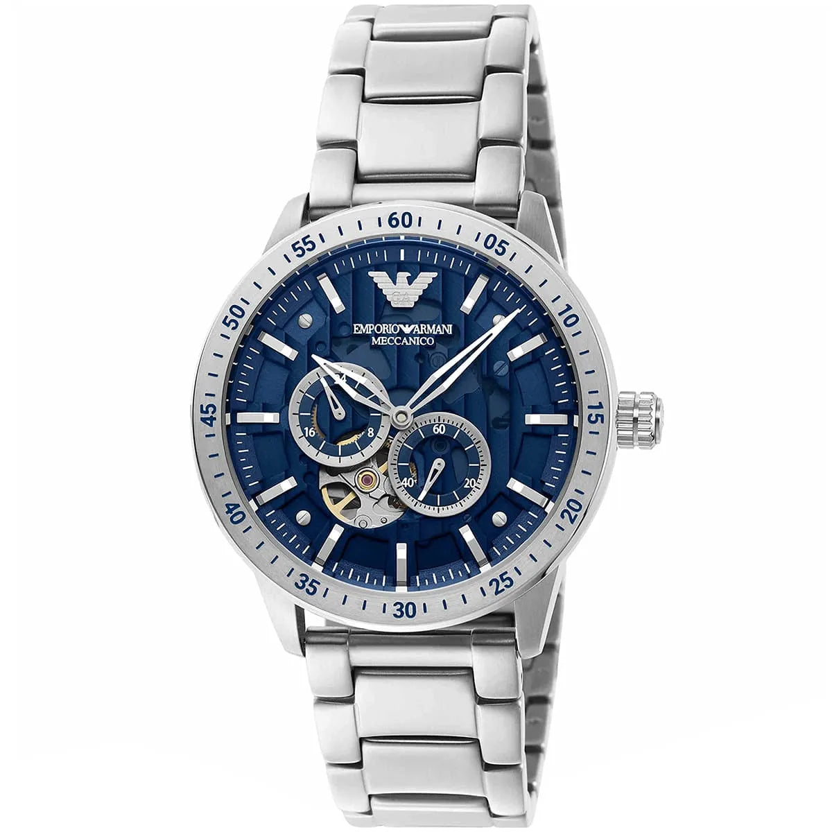 Emporio Armani Meccanico Automatic Blue Dial Silver Steel Strap Watch AR60052