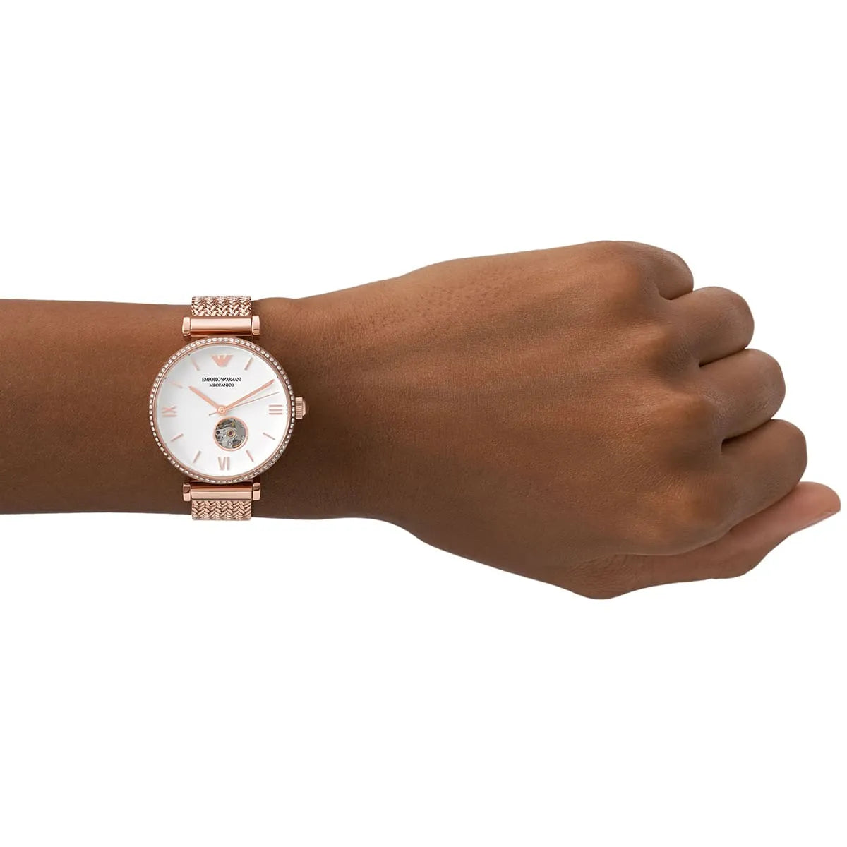 Emporio Armani Meccanico Automatic White Dial Rose Gold Mesh Strap Women's Watch - AR60063