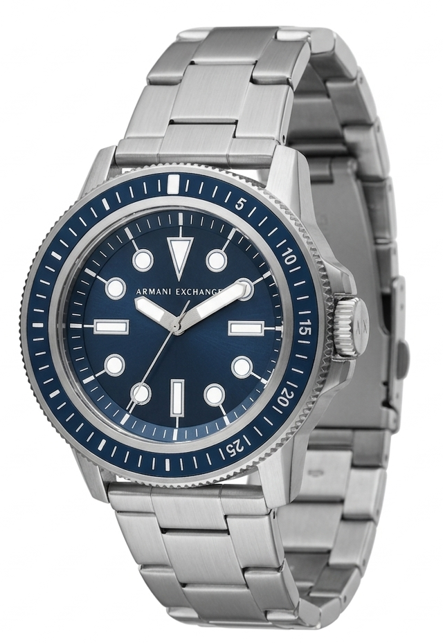 Armani Exchange Leonardo AX1861 silver men's watch with navy blue dial and rotating bezel