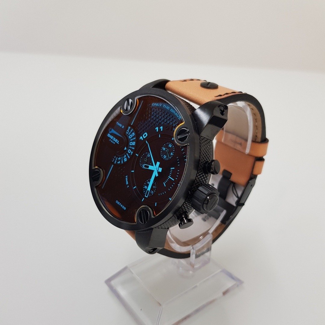 Diesel Little Daddy DZ7408 316L black stainless steel & genuine leather strap 3ATM (30m) water resistant Dual Time zones (GMT)