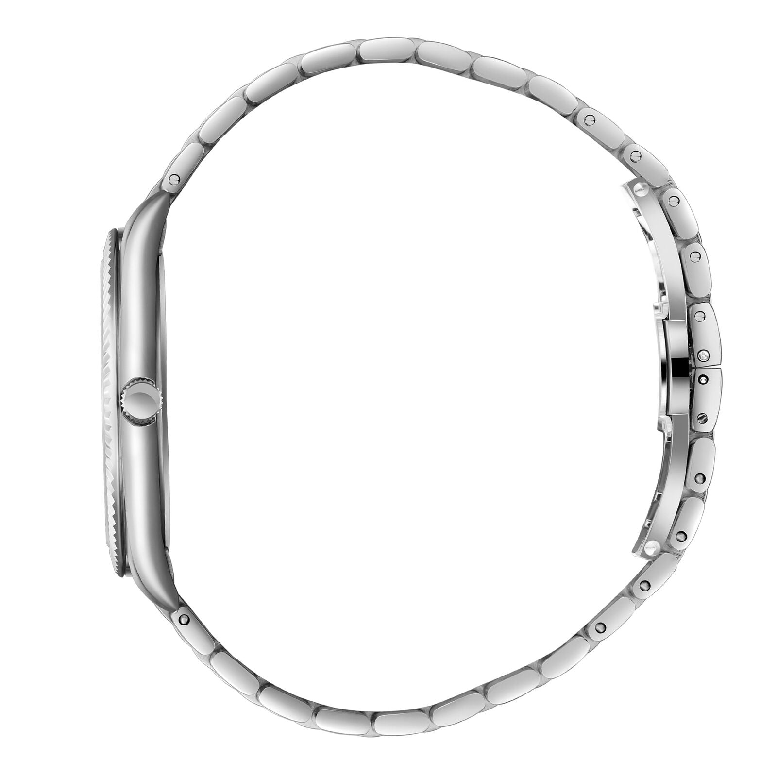 Side view of Beverly Hills Polo Club silver watch showing case profile and bracelet