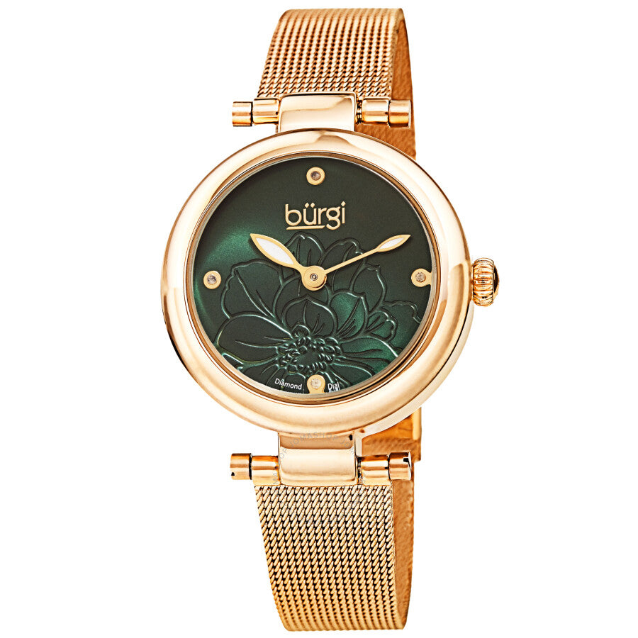 Burgi Flower Marker Quartz Diamond Green Dial Ladies Watch BUR260YGN - The Watches Men & Co