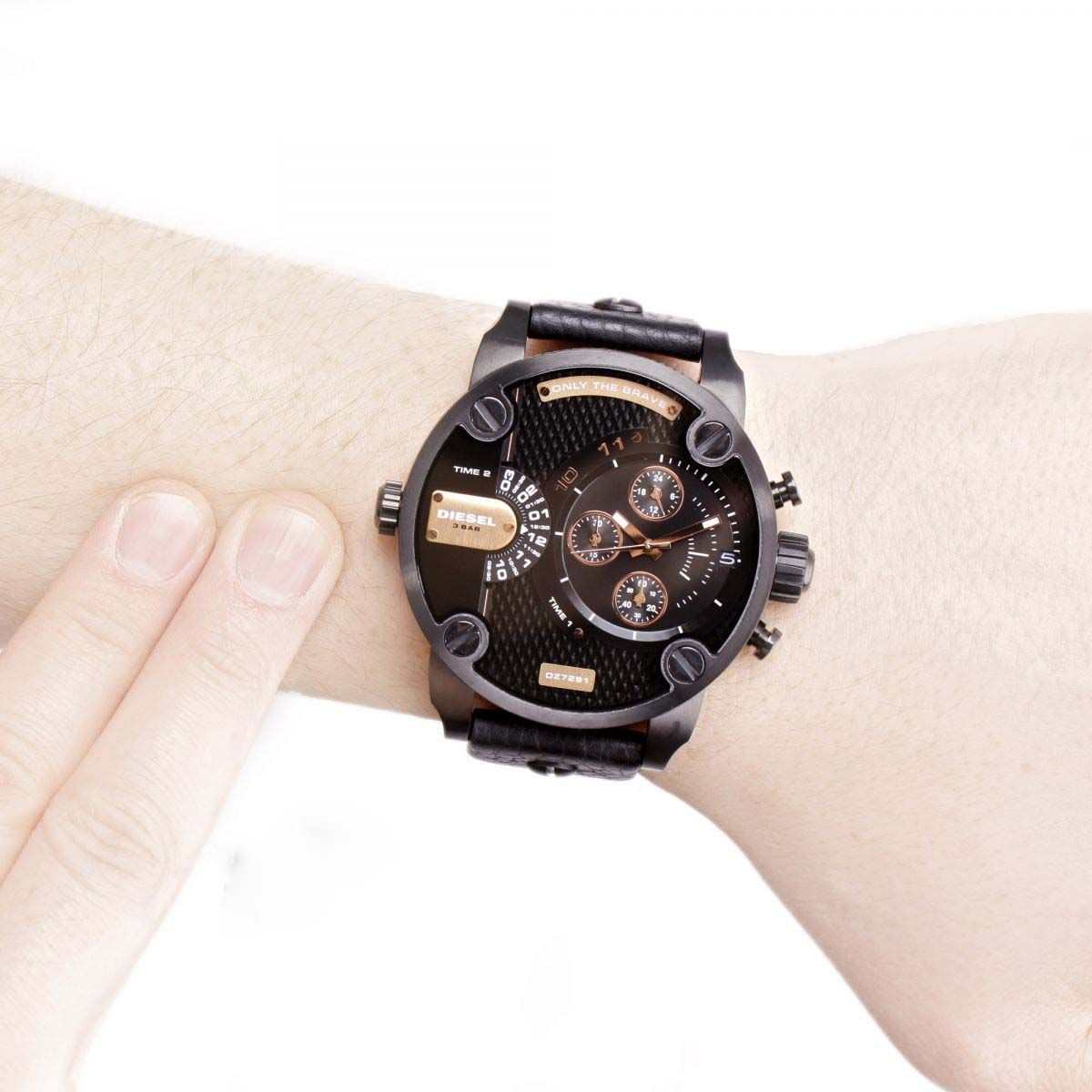 Diesel Little Daddy DZ7291 316L black stainless steel & genuine leather strap 3ATM (30m) water resistant Dual Time zones (GMT)