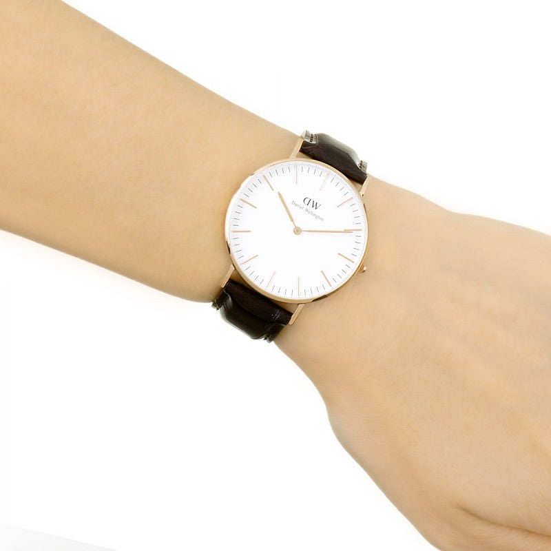 Daniel Wellington Classic York 36mm White Dial Dark Brown Genuine Leather Gold Watch - DW00100038