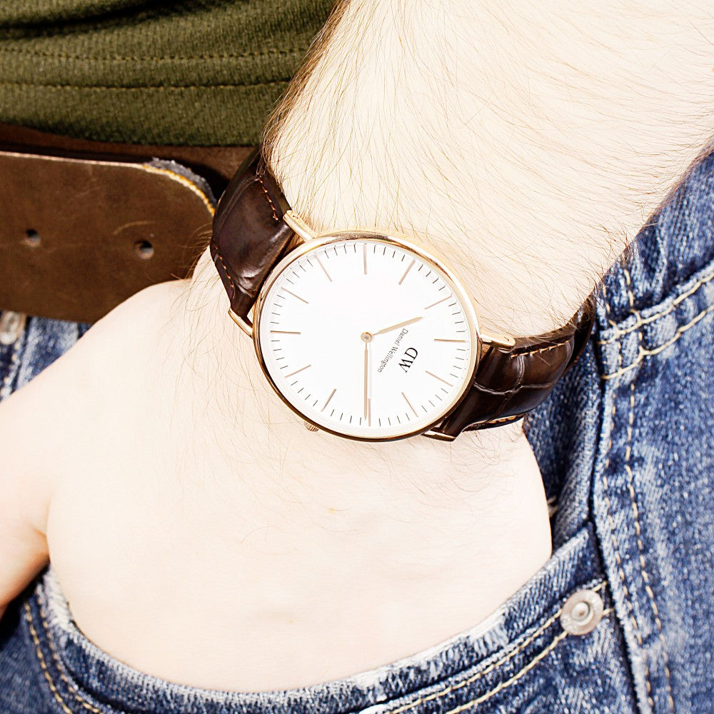 Daniel Wellington York 40mm White Dial Dark Brown Genuine Leather Gold Men's Watch - DW00100011