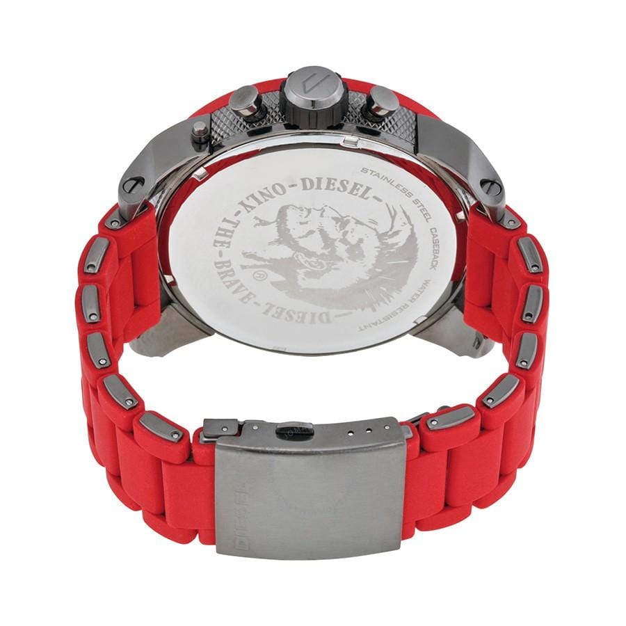 Diesel Big Daddy DZ7279 316L gunmetal stainless steel & red silicone link cover 30m water resistant 4 Time zones