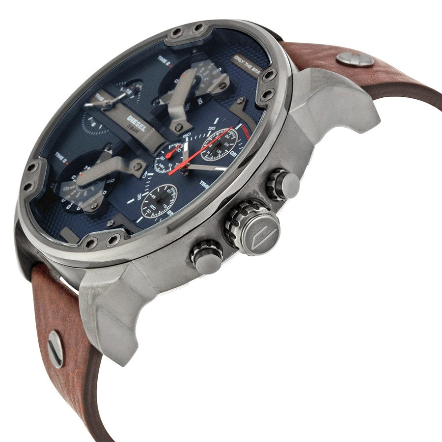 Diesel Big Daddy DZ7314 gunmetal Stainless Steel And Brown Genuine Leather Strap 4 Time zones 30m water resistant