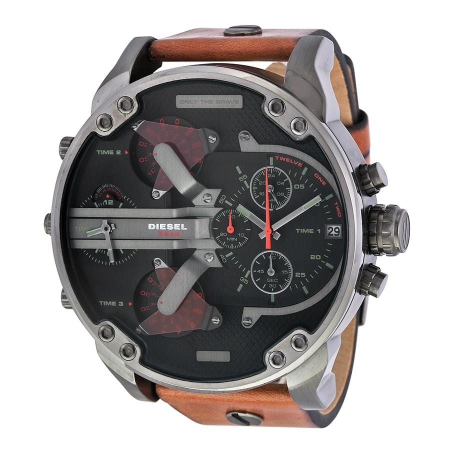Diesel Big Daddy DZ7332 316L gunmetal stainless steel & genuine leather strap 30m water-resistant 4 Time zones