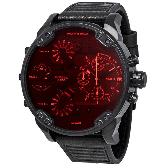Diesel Big Daddy DZ7402 316L stainless steel & black genuine leather 30m water resistant 4 time zones