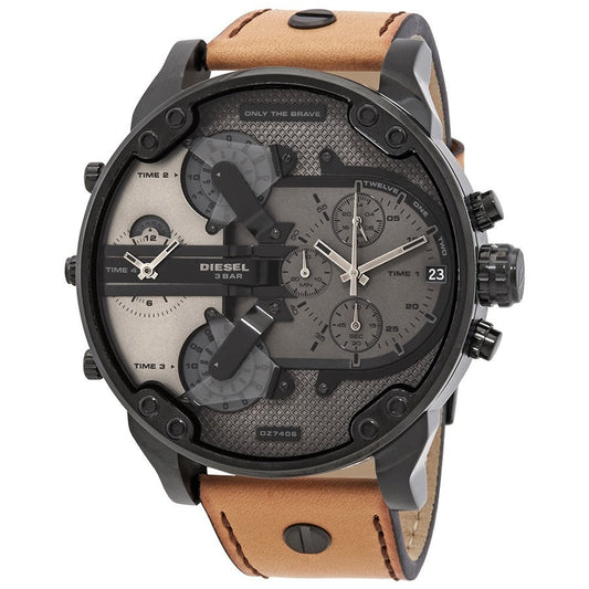 Diesel Big Daddy DZ7406 316L black stainless steel with genuine leather strap 30m water-resistant