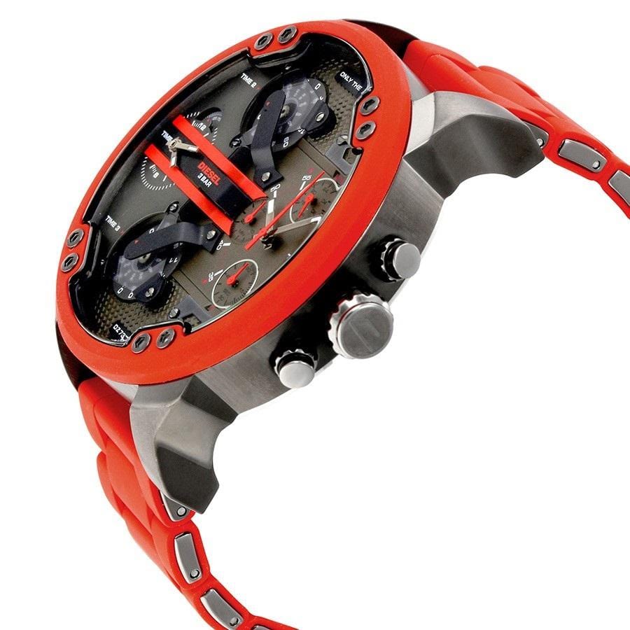 Diesel Dawson Watches DZ7370 316L gunmetal stainless steel with red silicone link cover strap 4 Time zones 30m water resistant