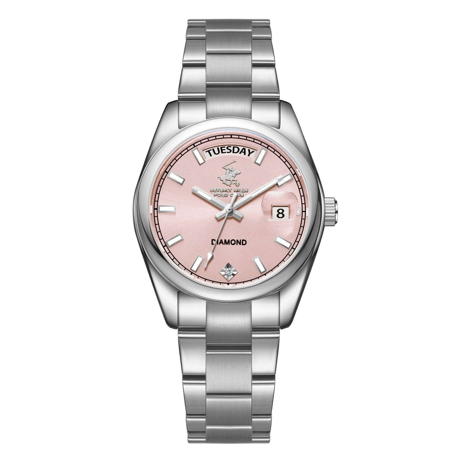 Beverly Hills Polo Club Pink Dial Day-Date Silver Diamond Watch BP3709X.381