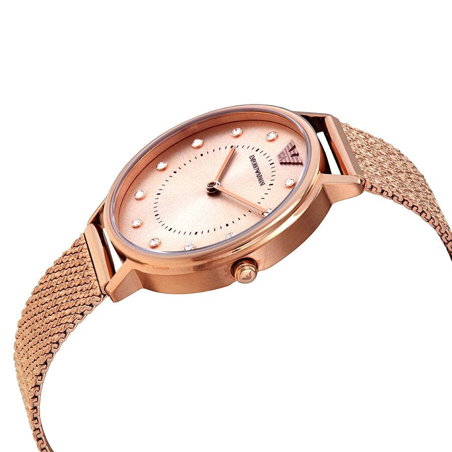 Angled view of Emporio Armani AR11129 rose gold watch with crystal-set dial and mesh bracelet