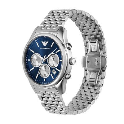 AR11582 watch shown at angle displaying dial and steel mesh bracelet