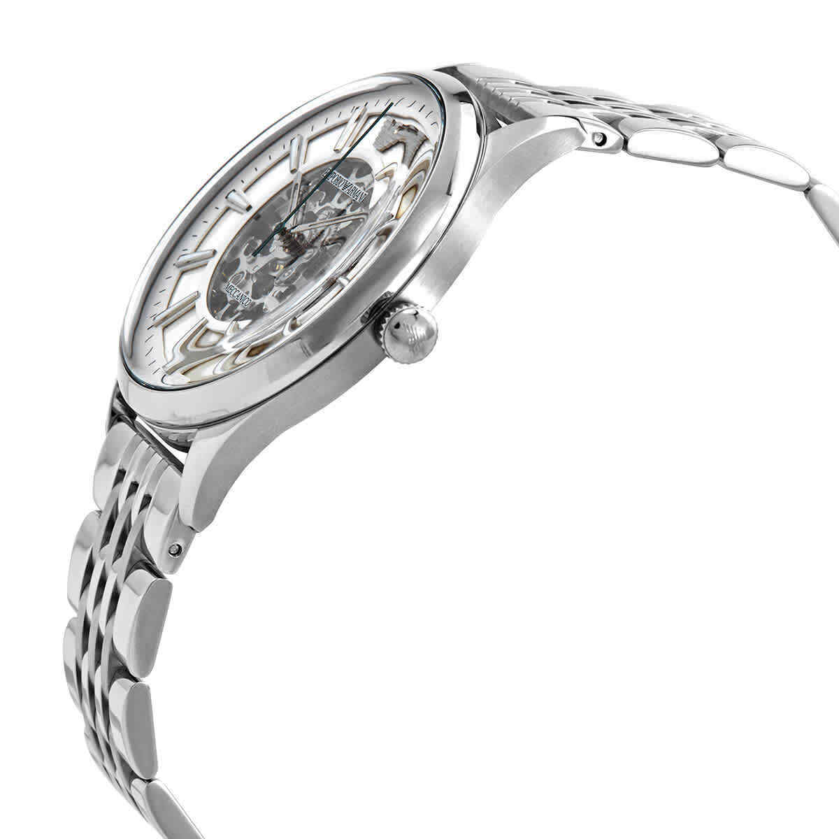Emporio Armani Meccanico Skeleton Silver Dial Silver Steel Men's Watch AR1945