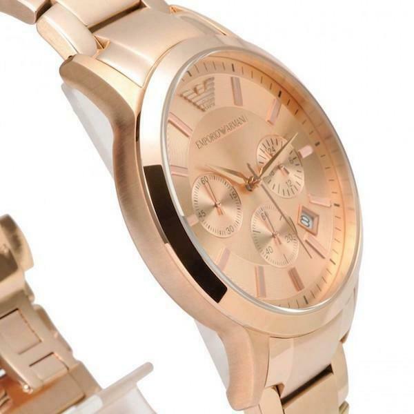 Close-up of chronograph dial with rose gold finish, three subdials, and Emporio Armani branding