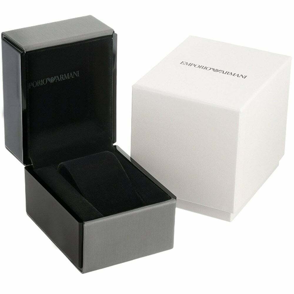 Emporio Armani watch packaging with black watch box and white exterior box