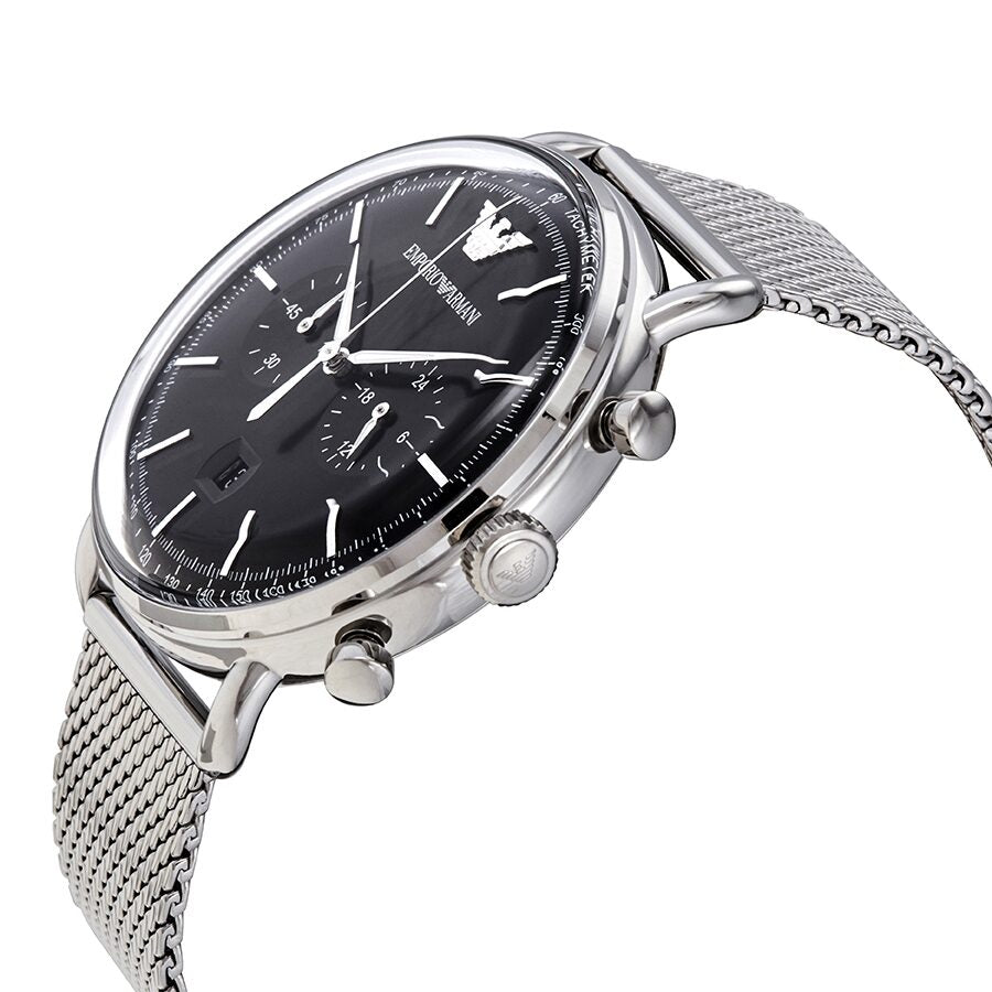 Emporio Armani Aviator Chronograph Black Dial Silver Mesh Watch - AR11104
