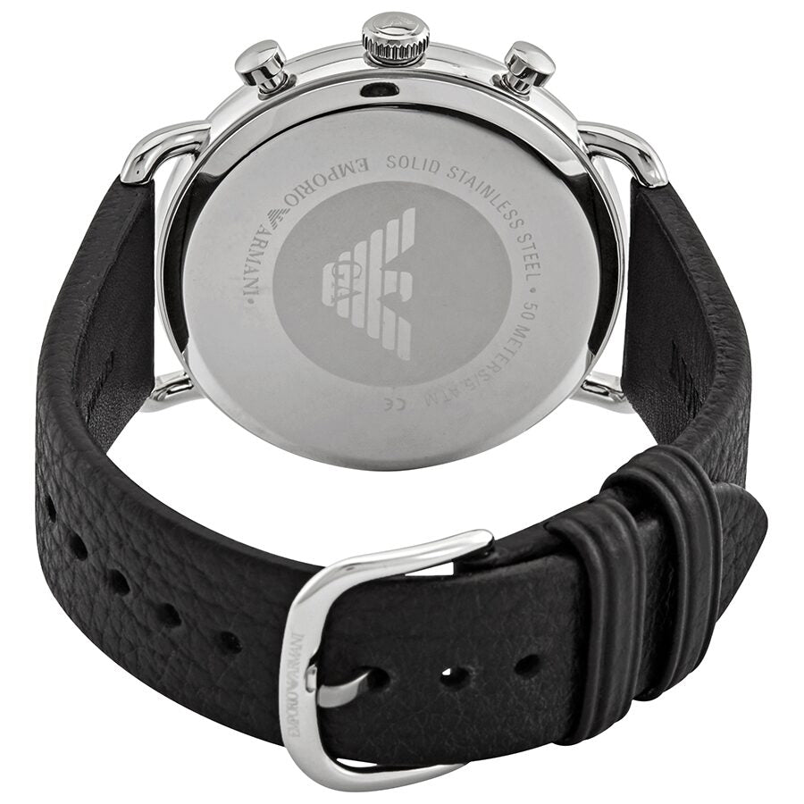 Emporio Armani Aviator caseback showing dial and leather strap with buckle