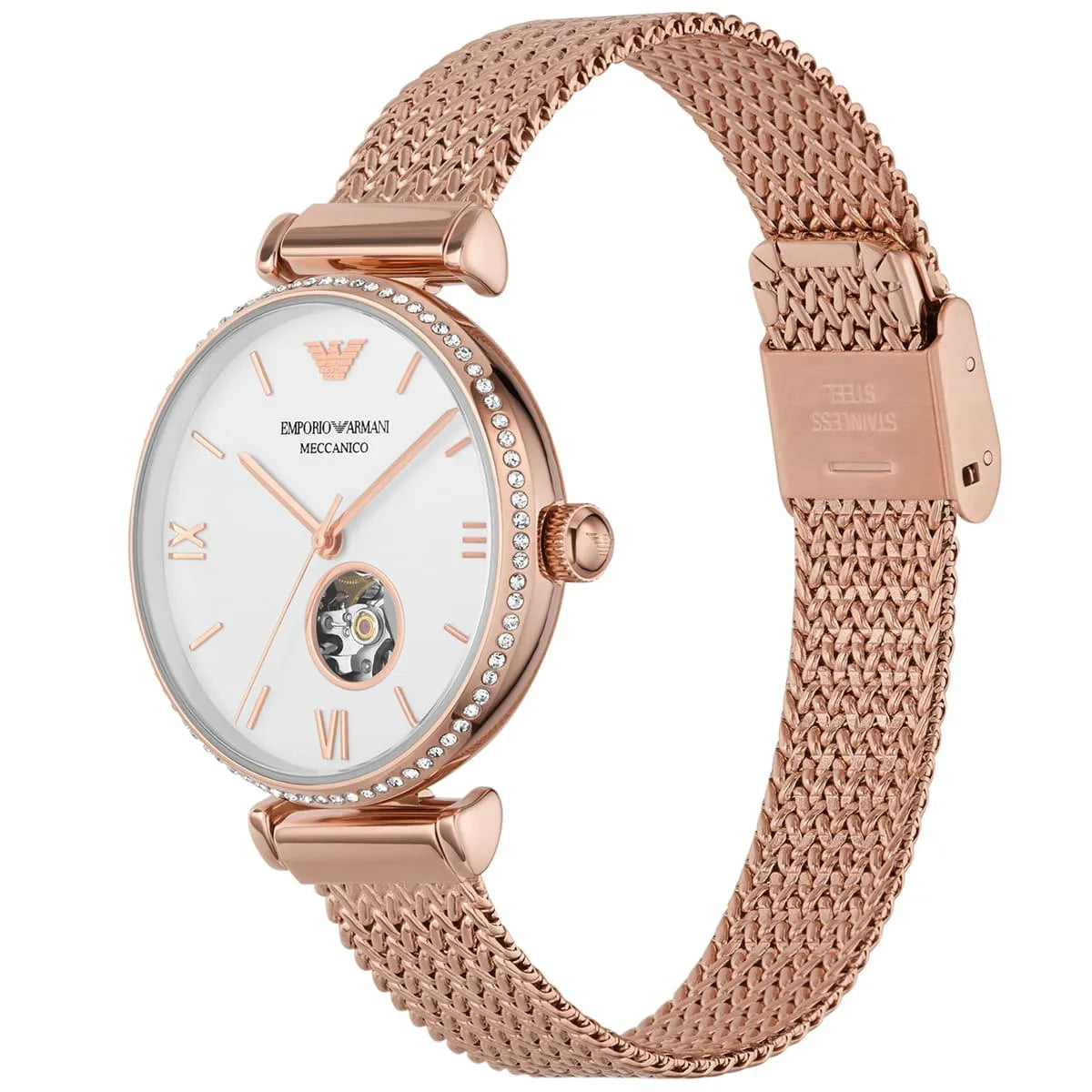 Emporio Armani Meccanico Automatic White Dial Rose Gold Mesh Strap Women's Watch - AR60063