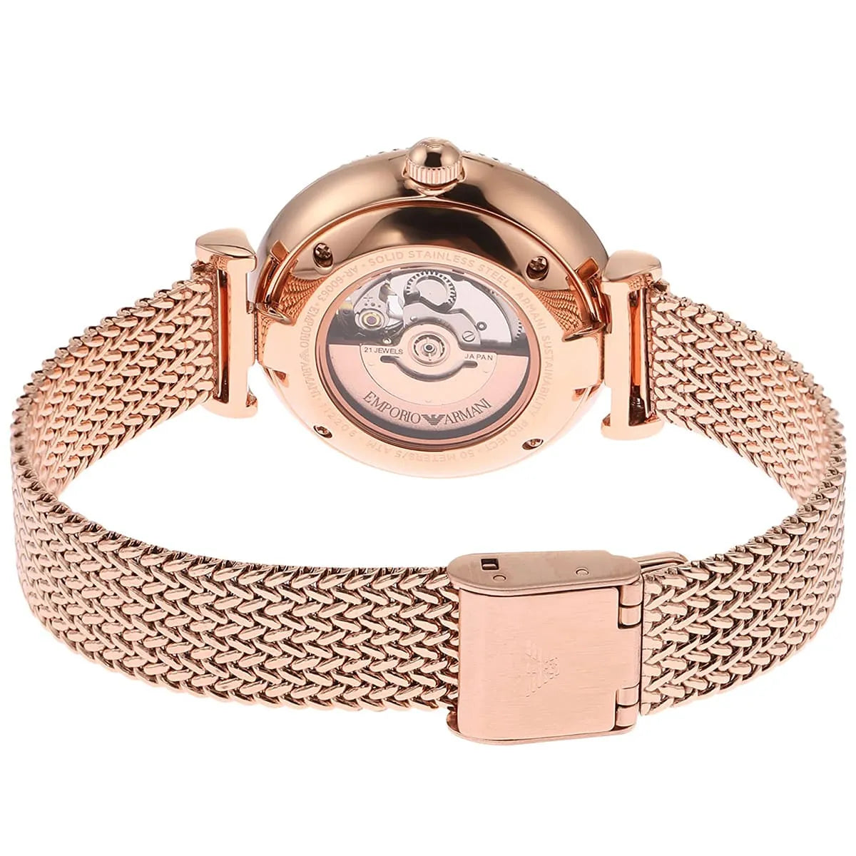 Emporio Armani Meccanico Automatic White Dial Rose Gold Mesh Strap Women's Watch - AR60063