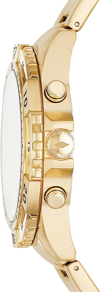 Fossil Garrett chronograph watch showing gold-tone case profile and subdials on side