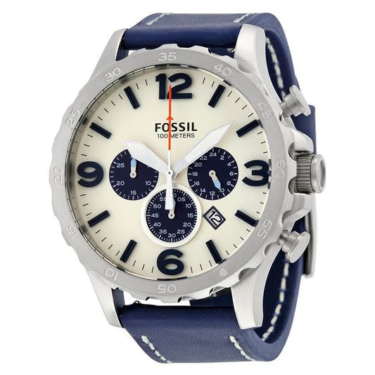 Fossil Nate Chronograph Beige Dial Navy Blue Leather Men's Watch JR1480 - BigDaddy Watches