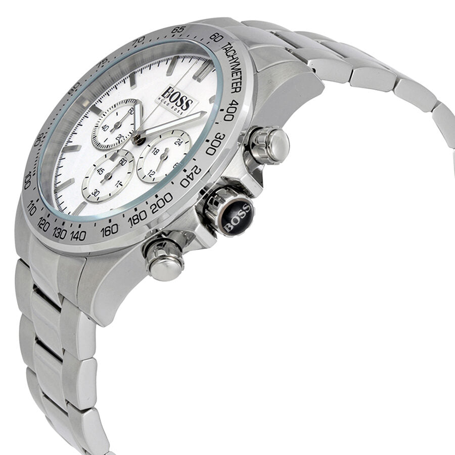 Hugo Boss Ikon chronograph watch angled view showing case profile and steel bracelet