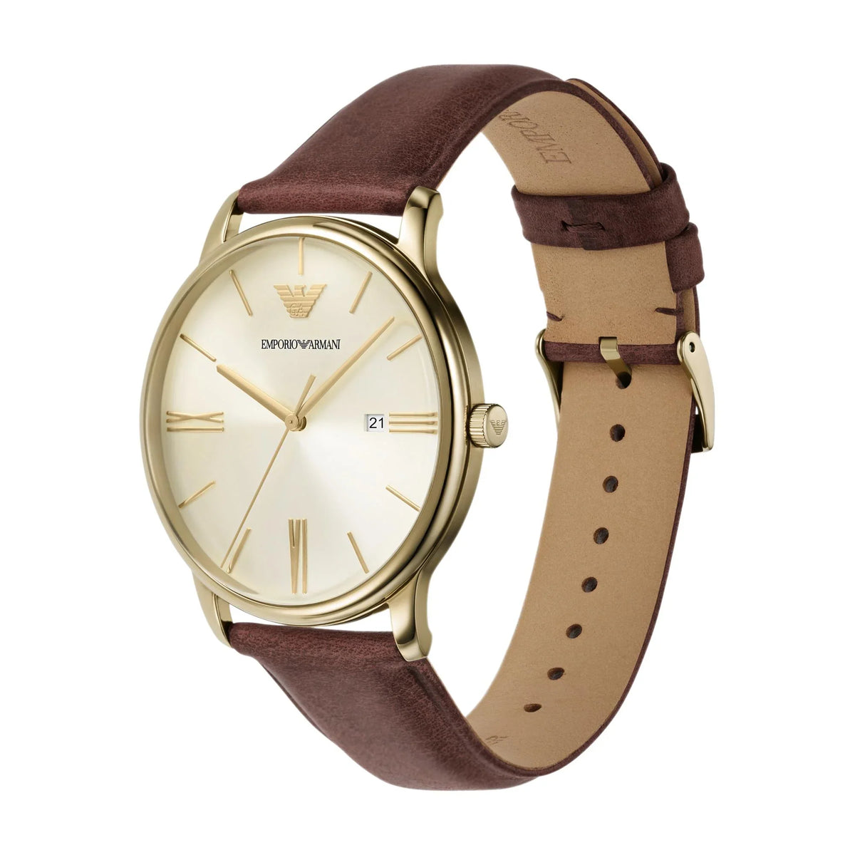 Emporio Armani Minimalist Quartz Gold Dial Brown Leather Strap Watch AR11610