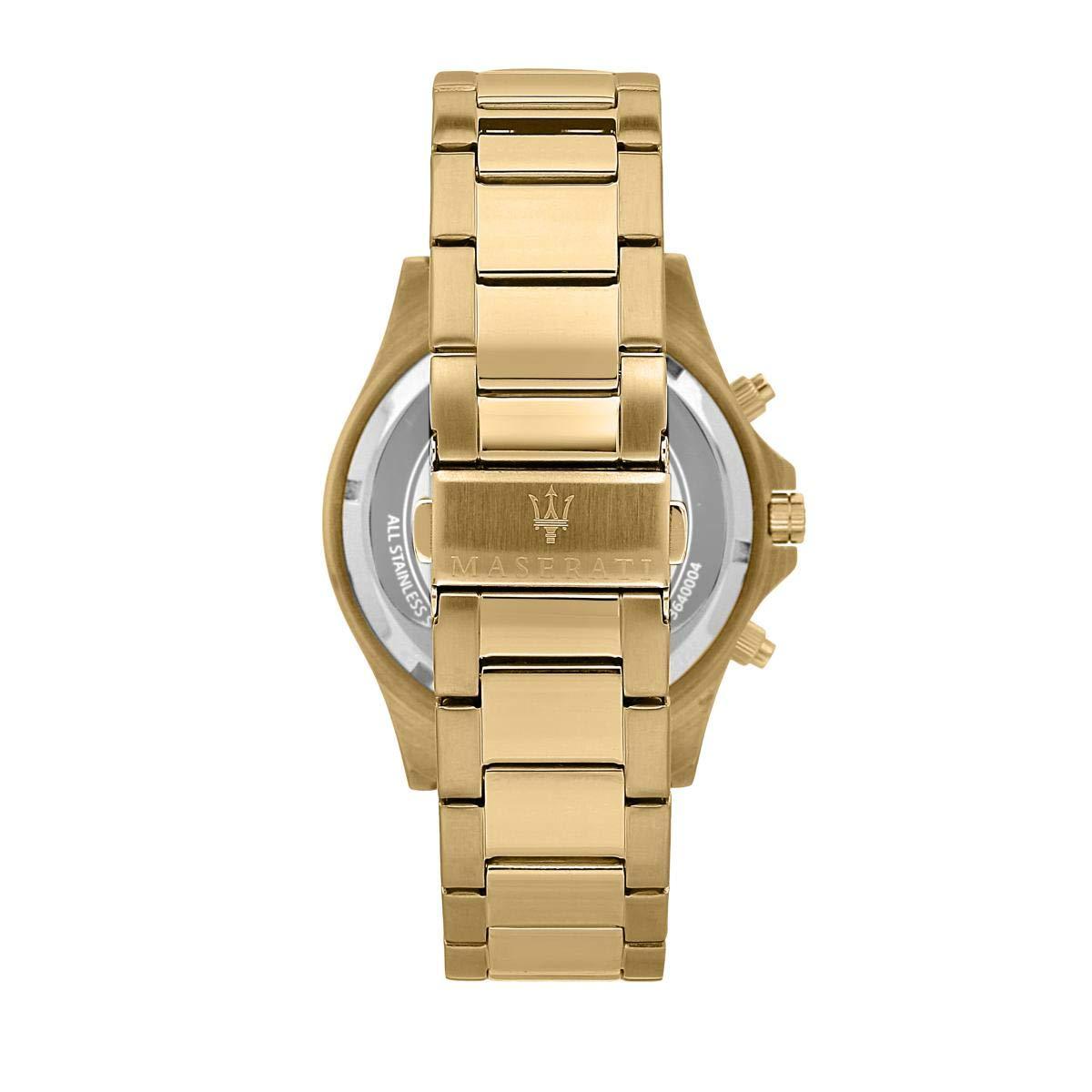 Caseback view of Maserati Sfida showing gold-tone stainless steel bracelet