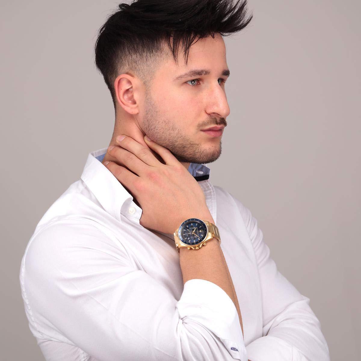 Maserati Sfida blue dial chronograph watch worn on wrist