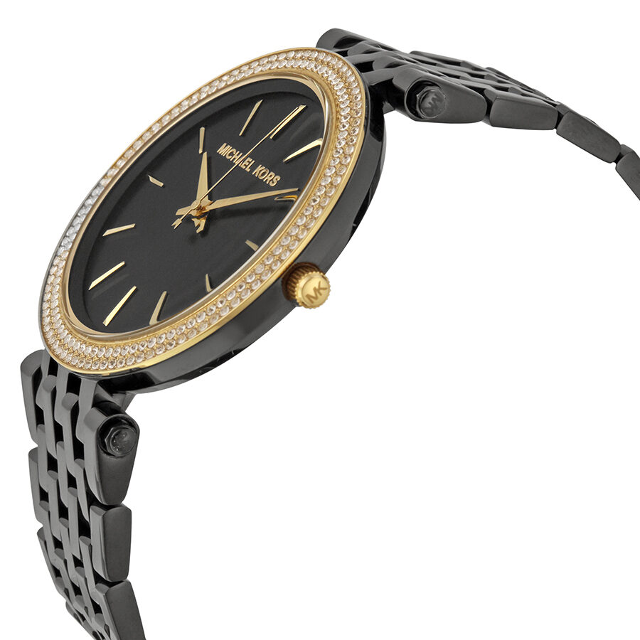 Side angle view of Michael Kors Darci watch showing black ion-plated bracelet and crystal-set bezel