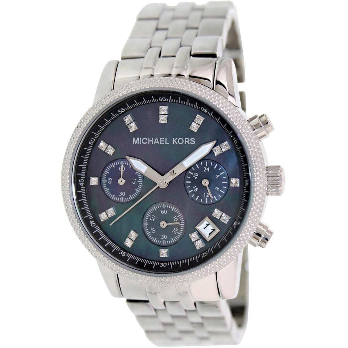 Michael Kors Jet Set chronograph women's watch with black mother-of-pearl dial, diamond indices, and silver-tone bracelet