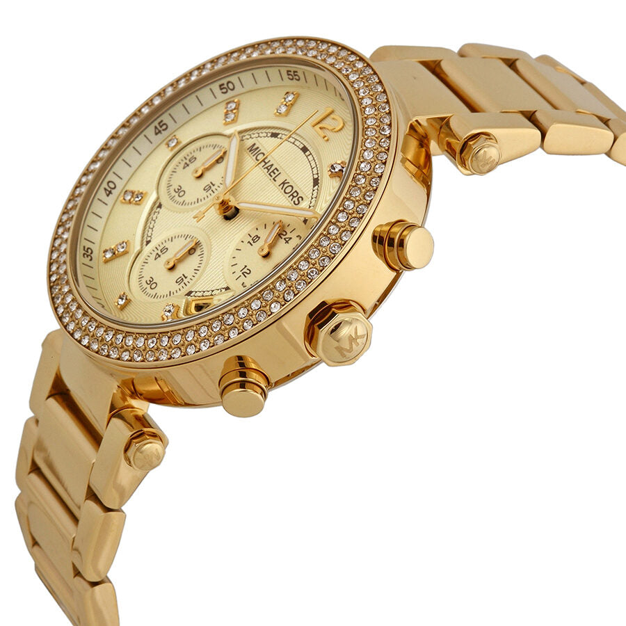 Michael Kors Parker chronograph watch side angle showing gold-tone case, bezel, and bracelet