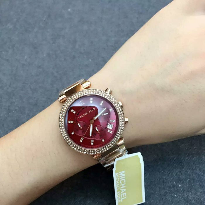 Michael Kors Parker Chronograph Red Dial Gold Ladies Watch MK6106