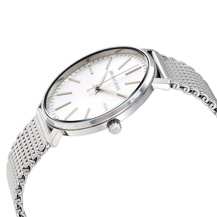 Michael Kors Pyper watch angled view showing silver mesh band and dial
