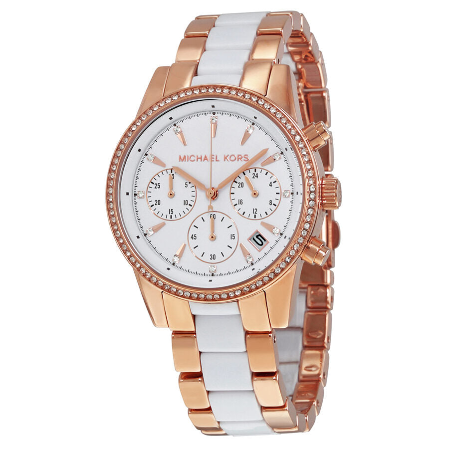 Michael Kors Ritz Chronograph White Dial Rose Gold and Acetate Women's Watch - MK6324