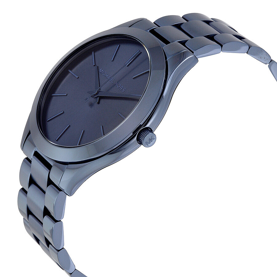 Michael Kors Slim Runway blue watch angled view showing dial and bracelet