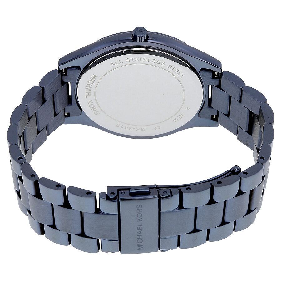 Michael Kors Slim Runway watch caseback showing stainless steel construction