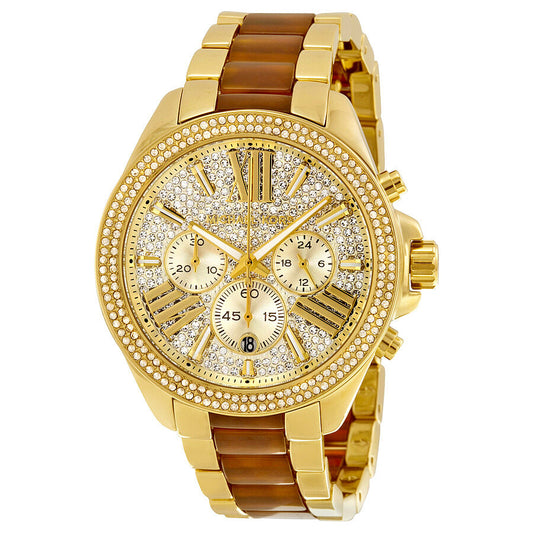 Michael Kors Wren Crystal Pave Dial Chronograph Gold-Tone and Amber Tortoise Acetate Ladies Watch MK6294 - BigDaddy Watches