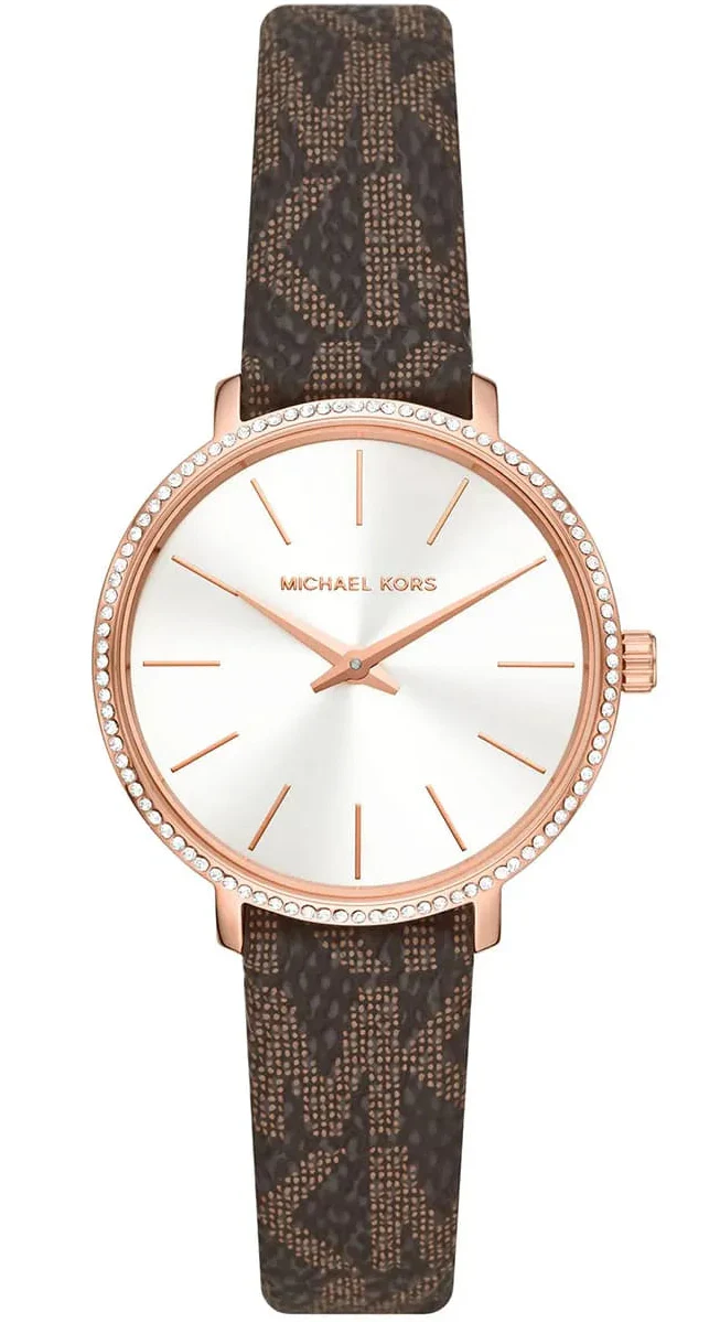Michael Kors Pyper women's watch with white dial, rose gold case, crystal bezel, and brown patterned leather strap