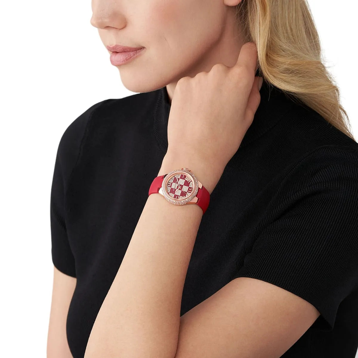 Michael Kors Camille Pave Checkerboard Red Genuine Leather Women's Watch - MK4701