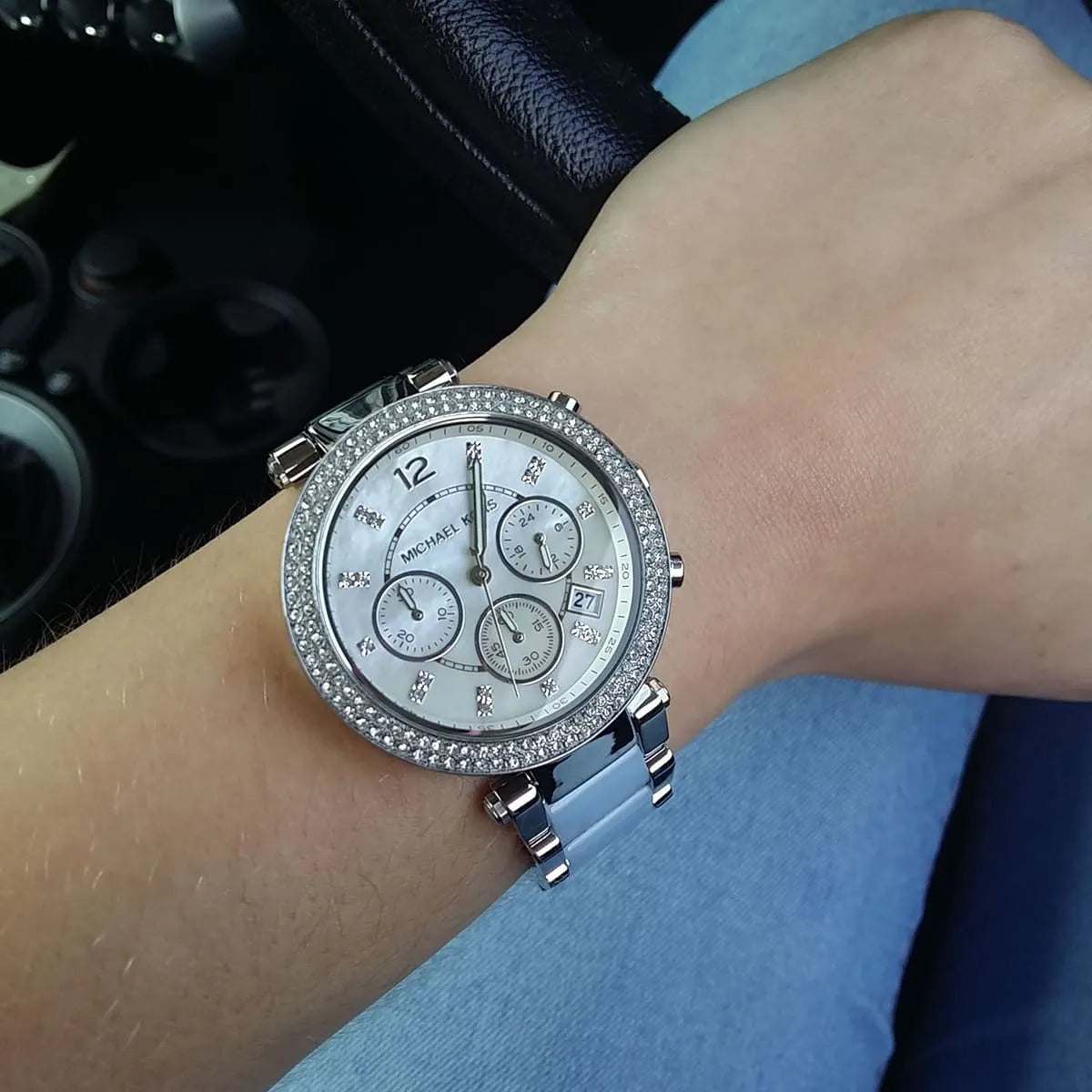 Michael Kors Parker White Dial Silver and Blue Acetate Watch - MK6138