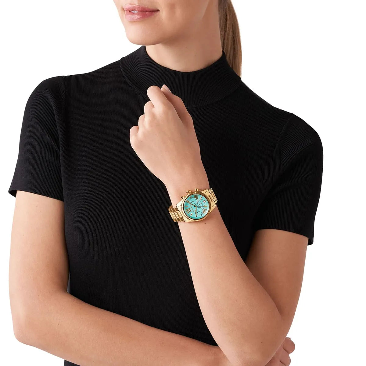 Michael Kors Lexington Chronograph Turquoise Enamel Dial Gold Women's Watch - MK7216