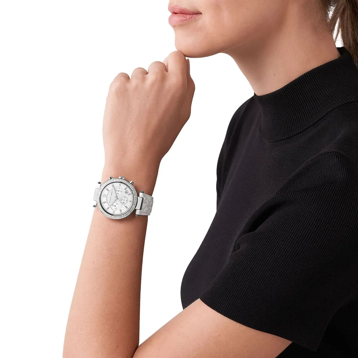 Michael Kors Parker Pavé Chronograph Silver Optic White PVC Women's Watch - MK7226