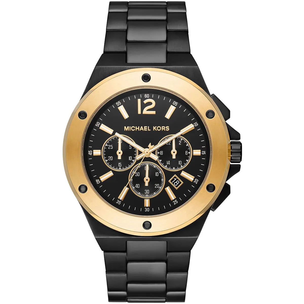 Michael Kors Lennox chronograph watch with black dial, gold-tone bezel, three subdials, and black metal bracelet